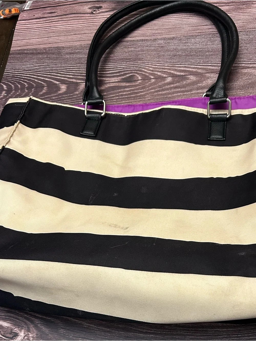 Source Unknown Black and Cream Striped Tote with Orange Floral Accent